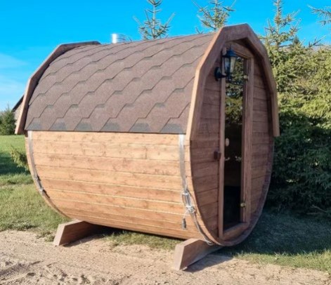 Runde Sauna, 2 m lang, Die Länge der Saunakabine beträgt ca.1,80 m. Zwei Holzliegen (Schwarzerle) für die Saunakabine Harwia M3 Holzofen