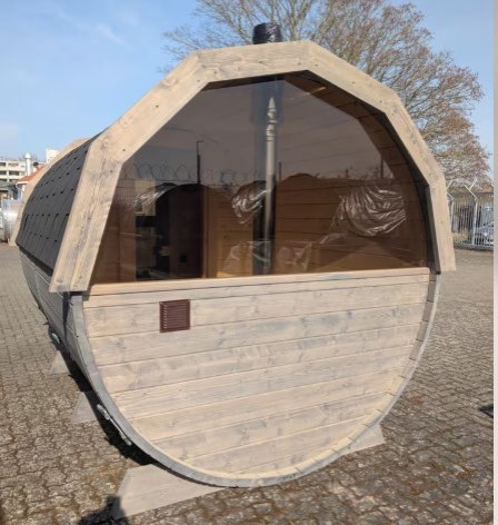 Fasssauna mit Holzofen 3m Lang mit Panoramaglas.